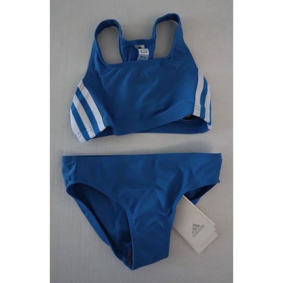 adidas HF5916 Girl's Sz 5T High Blue/White Classic 3-Stripe 2 Piece Swimsuit - Picture 1 of 2